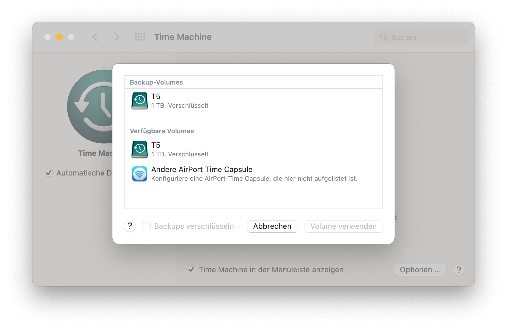 Mit Time Machine ein Backup eines Mac erstellen - macOS-Systemeinstellungen - Auswahl - Backup-Volume auswählen